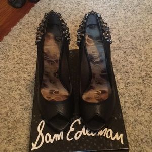 S-Lorissa Black Leather Sam Edelman Peep Toe